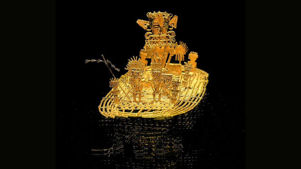 Zlatý vor zobrazující rituál koupele v jezeře