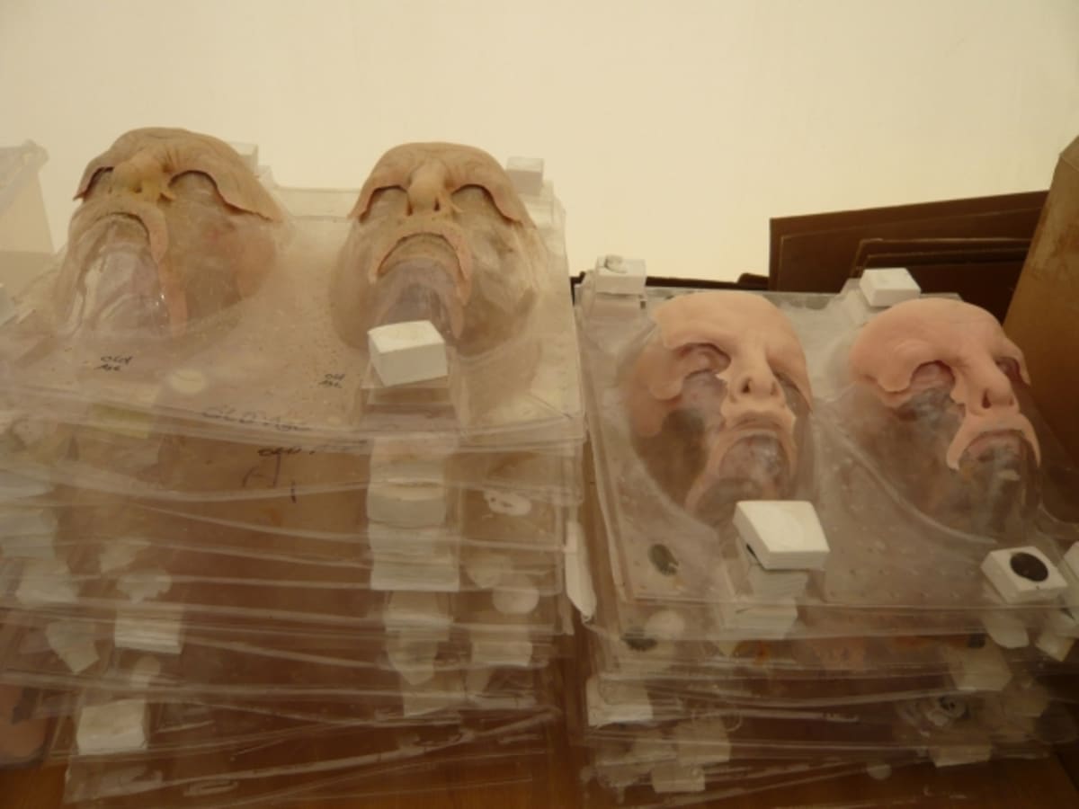 Poněkud morbidní: stovky gumových obličejů leží jeden vedle druhého.