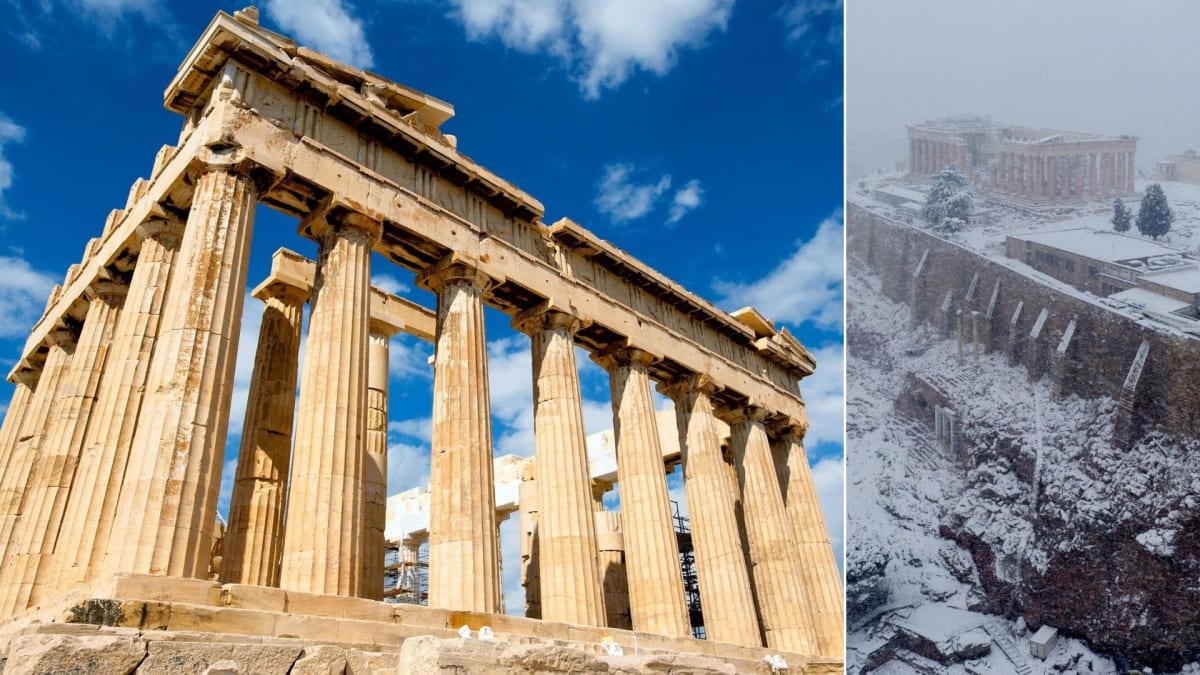 Slavnou Akropoli přikryl sníh