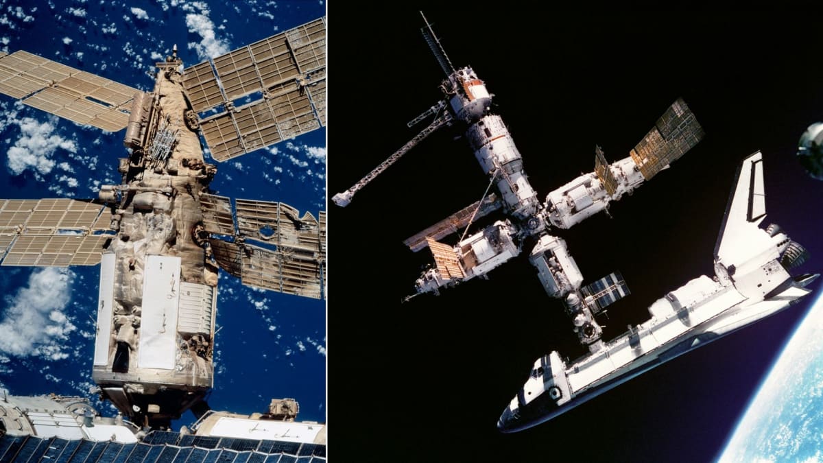 Ruská vesmírná stanice Mir – nalevo po kolizi v roce 1997, napravo s raketoplánem Atlantis
