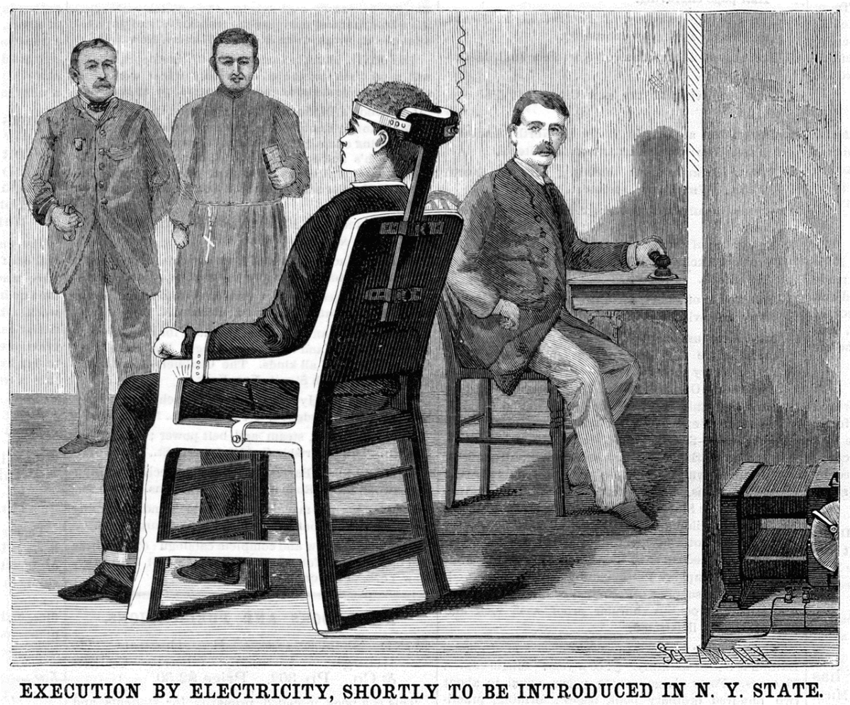 Poprava elektrickým křeslem - kresba z vědeckého Scientific American