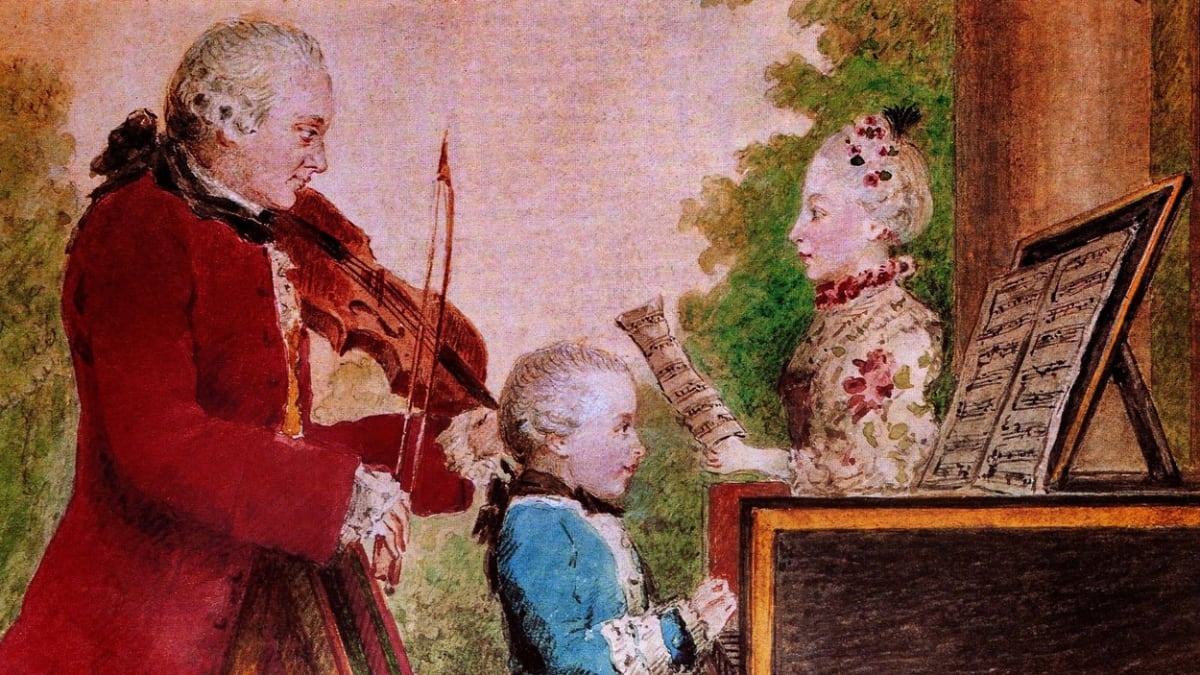 Malý Wolfgang se svým otcem Leopoldem a sestrou Marií Annou