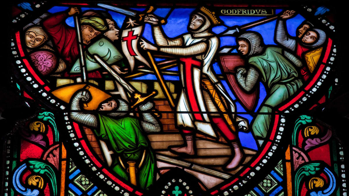Dobývání Jeruzaléma během první křížové výpravy je zachyceno i v bruselské katedrále