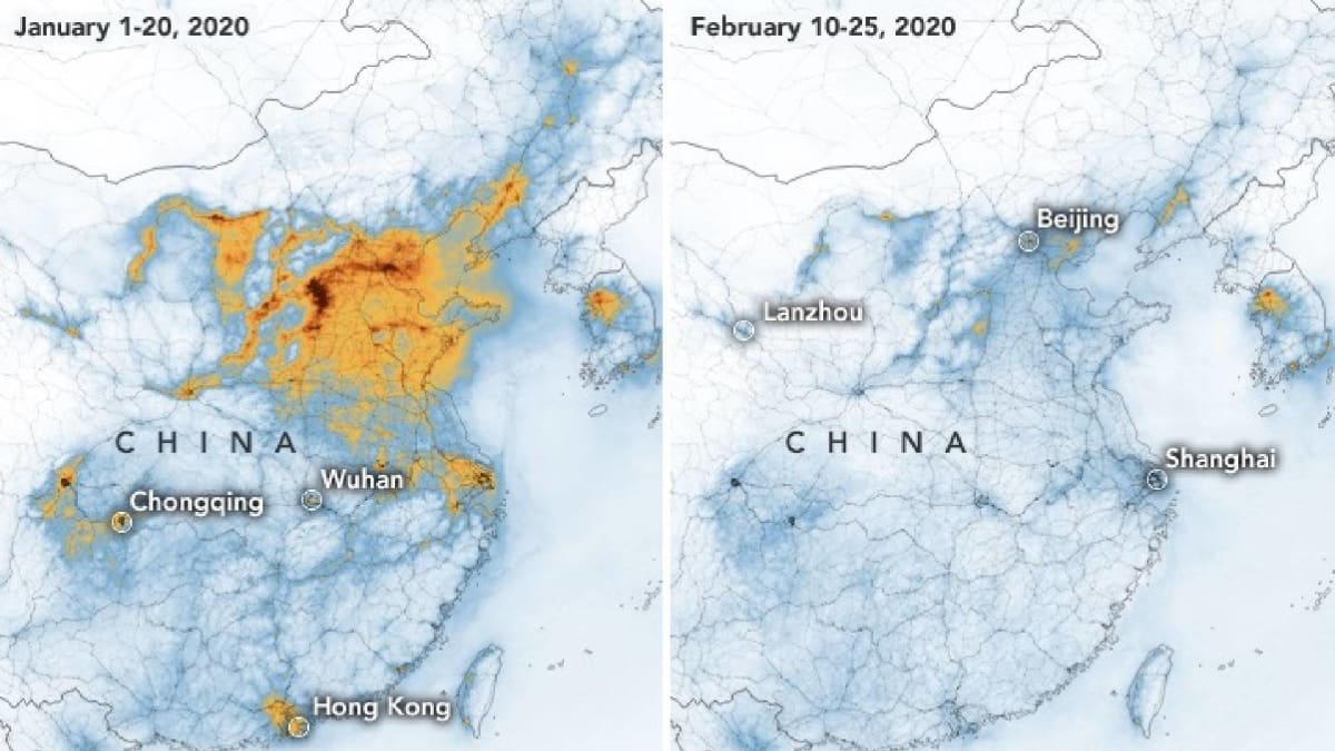 Dramatický pokles koncentrace NO2 nad velkou částí Číny