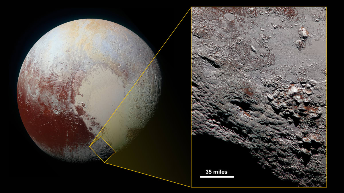 Na snímku povrchu Pluta pořízeném sondou New Horizons je podle odborníků patrný ledovcový vulkán