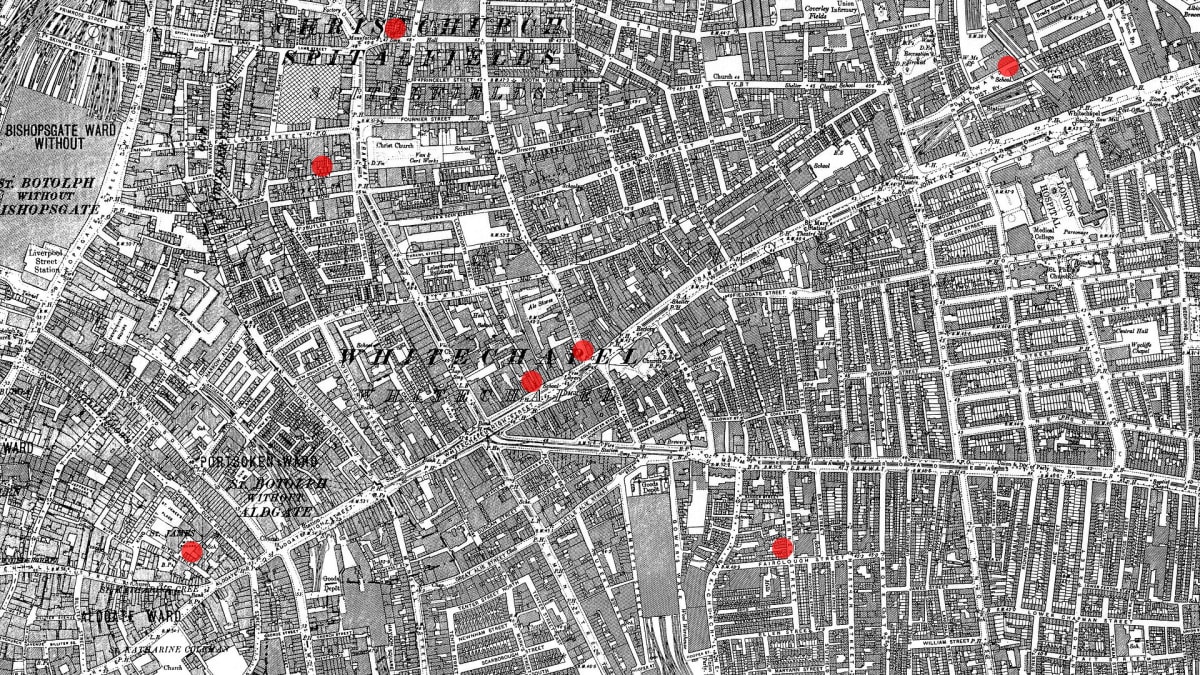 Mapa tehdejšího Londýna s místy vražd