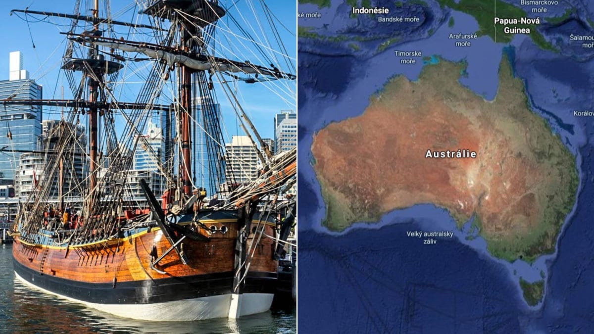 Replika lodi Endeavour kotvící v Australské metropoli Sydney