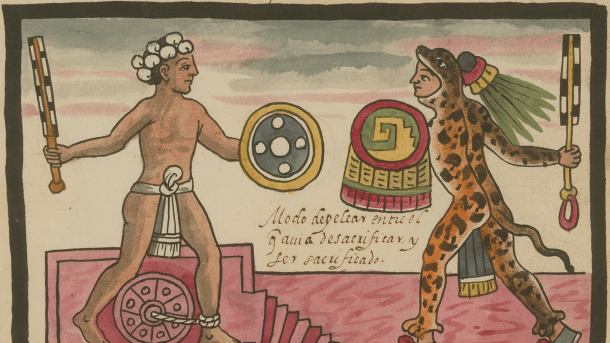 Muž určený jako oběť během festivalu Tlacaxipehualiztli bojuje s jaguářím válečníkem