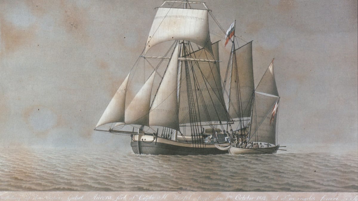Ruská galiota Aurora (větší loď) z roku 1812 na obraze od Terkilda Emanuela Lønninga