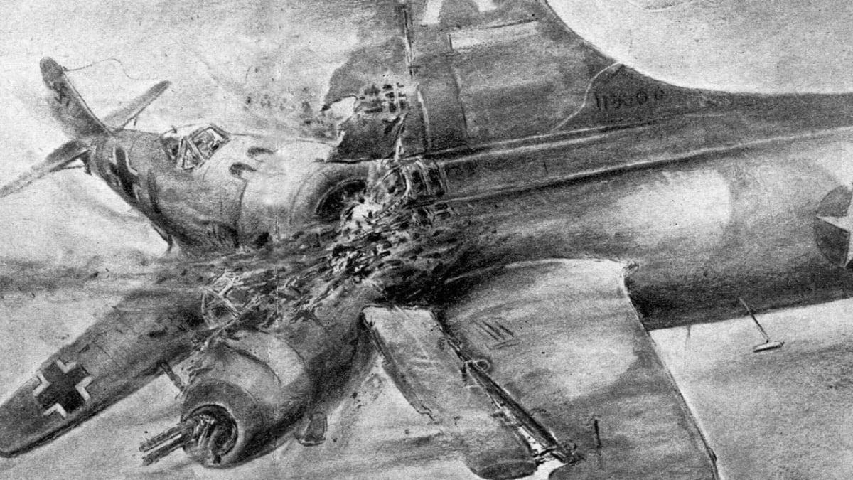 Německý messerchmitt ničí taranem americkou létající pevnost