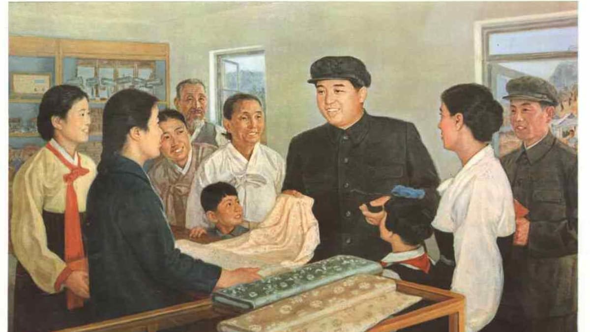 Ukázka severokorejské propagandy. Kim Ir-sen zaskočil do vesnického obchodu