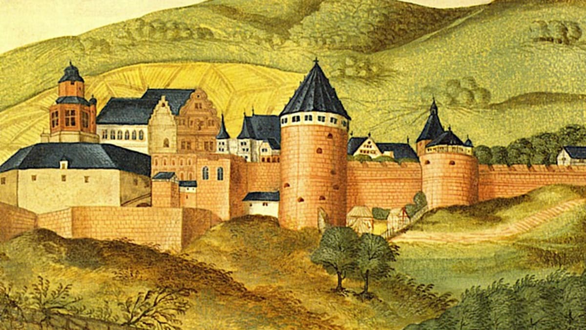 Historický pohled na hrad Heidelberg publikovaný v Thesaurus Picturarum