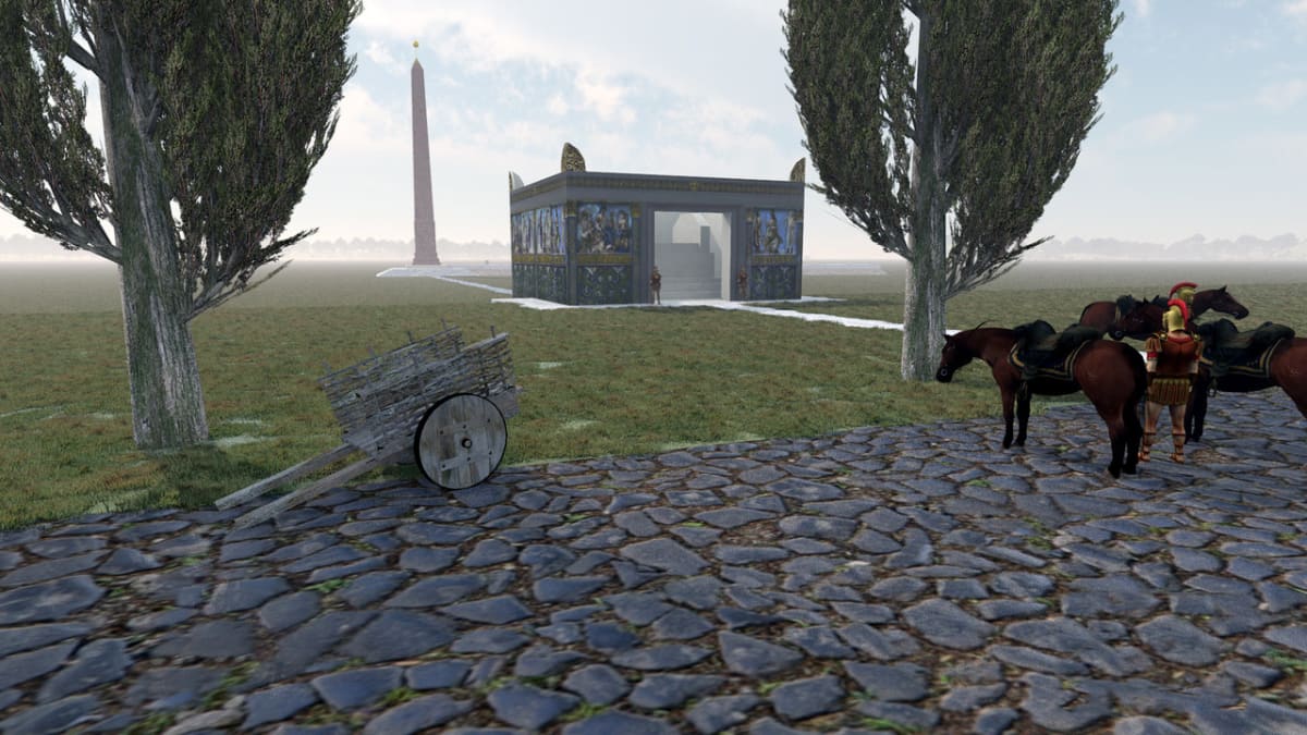 Simulace postavení obelisku a Ara Pacis v době císaře Augusta
