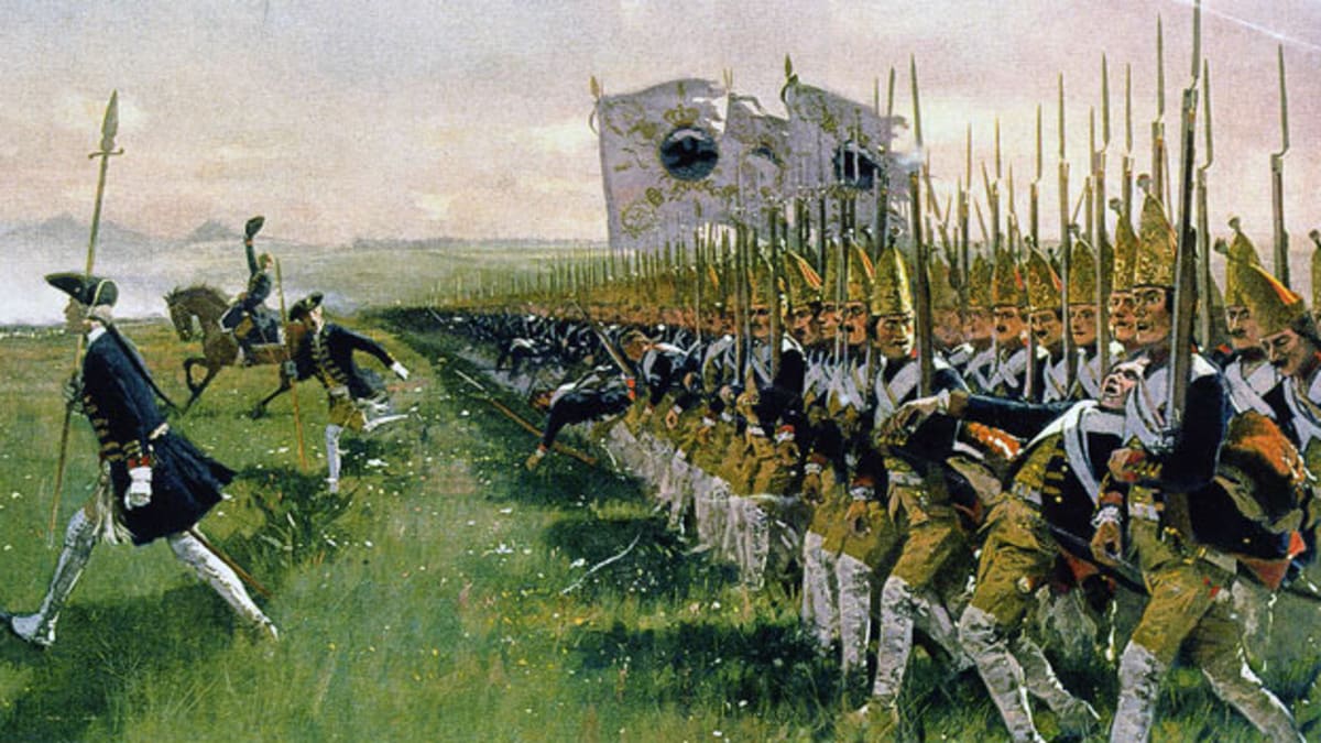 Útok pruské pěchoty v bitvě u Hohenfriedebergu (1745), která skončila drtivou porážkou rakouské armády