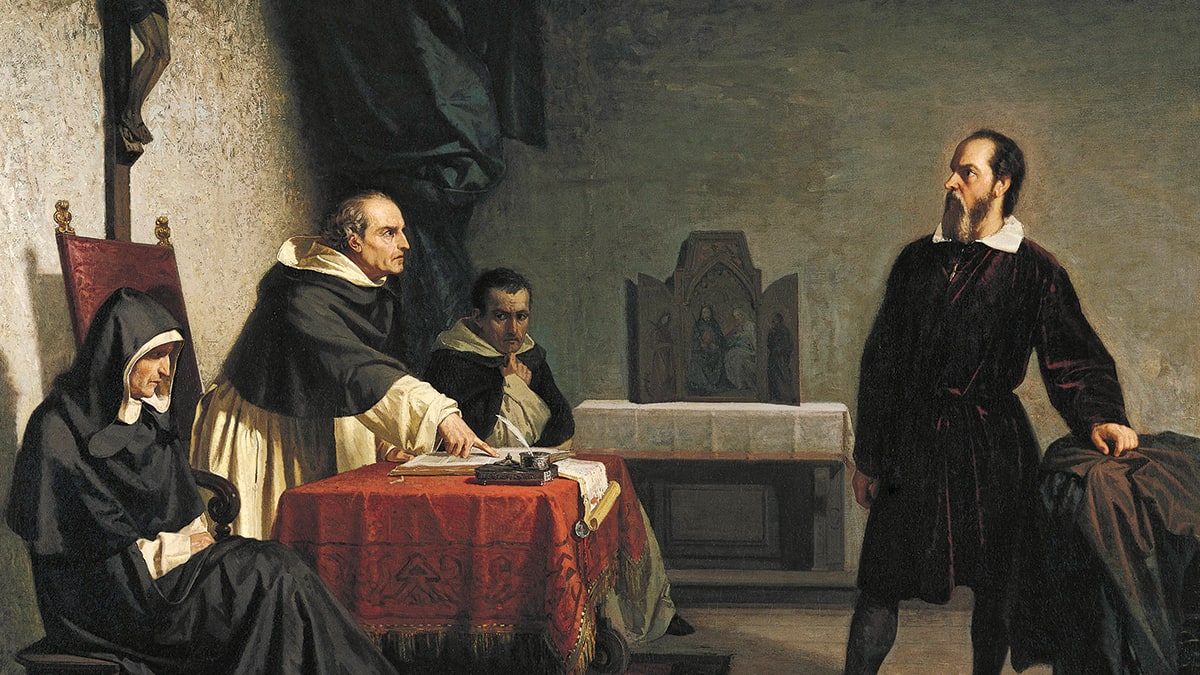 Malba Cristiana Bantiho z roku 1857 Galileo čelí římské inkvizici
