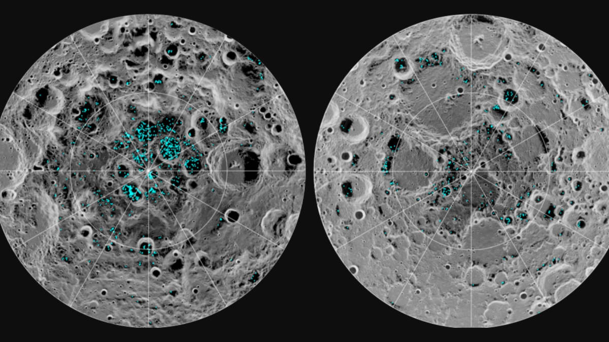 Vizualizace výskytu vody na jižním (vlevo) a severním pólu Měsíce