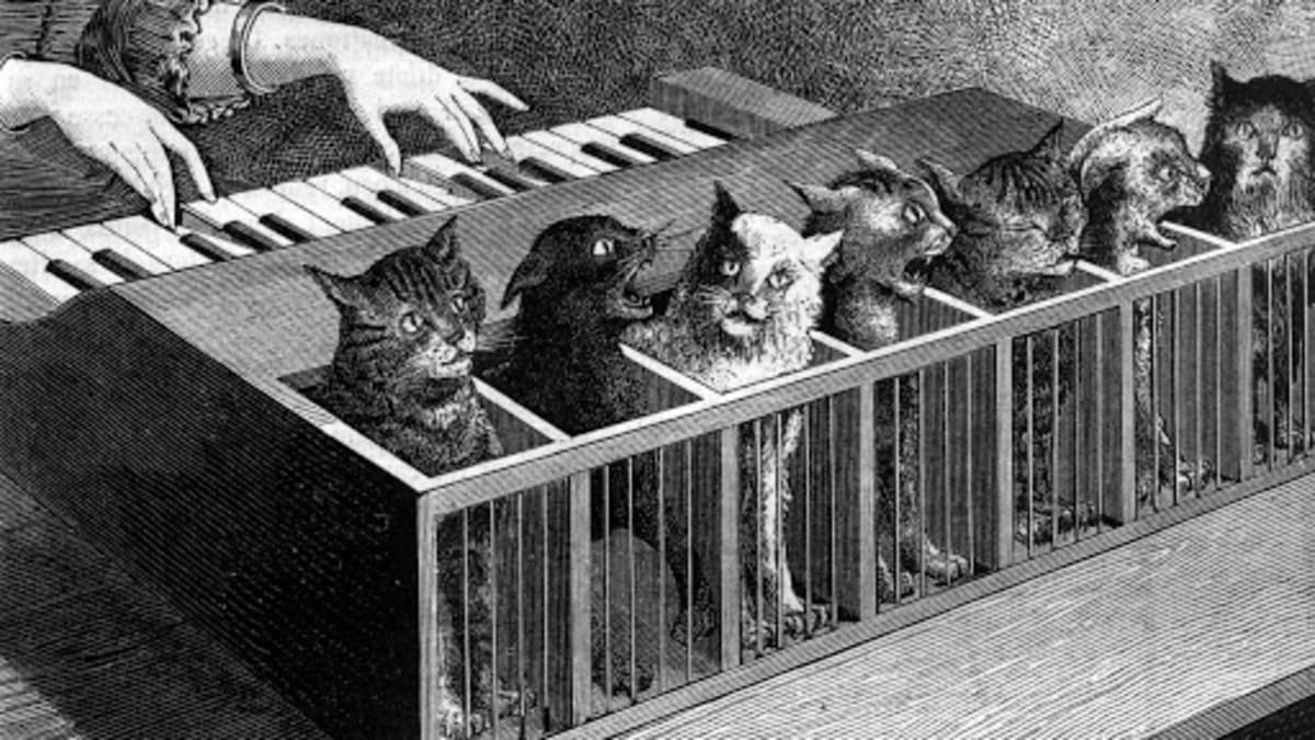 Takto bylo hypotetické kočičí piano vyobrazeno v časopise La Nature v roce 1883.