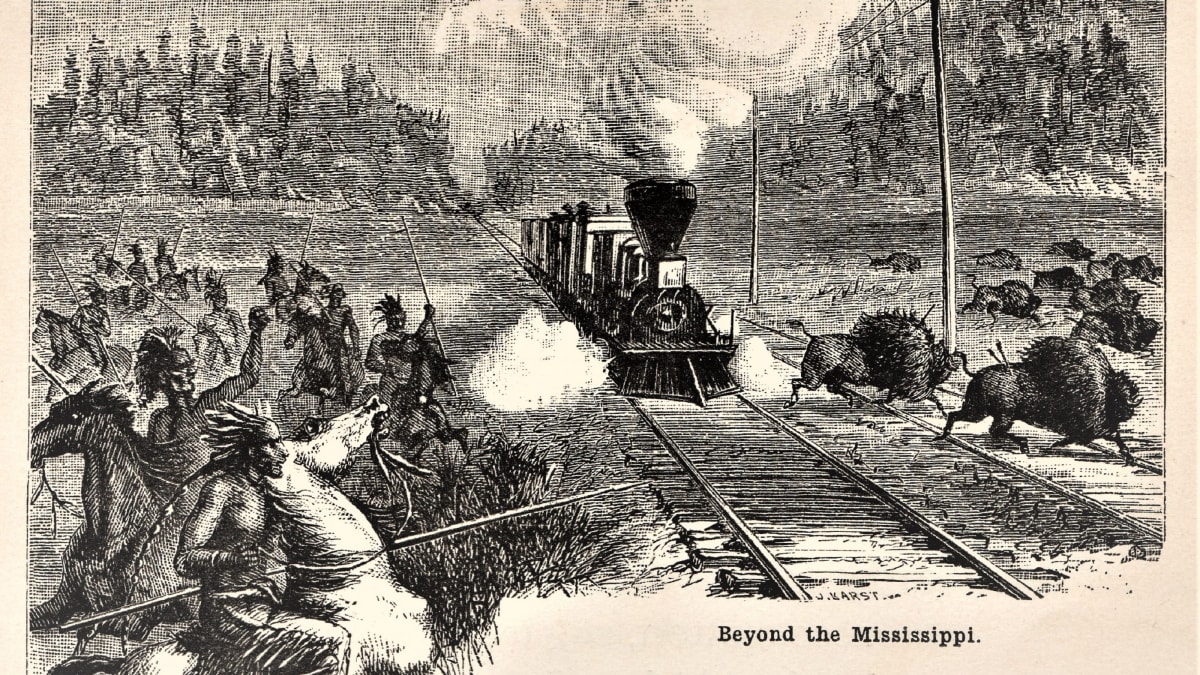 Indiáni, železnice a bizoni - výjev z Divokého západu z roku 1872