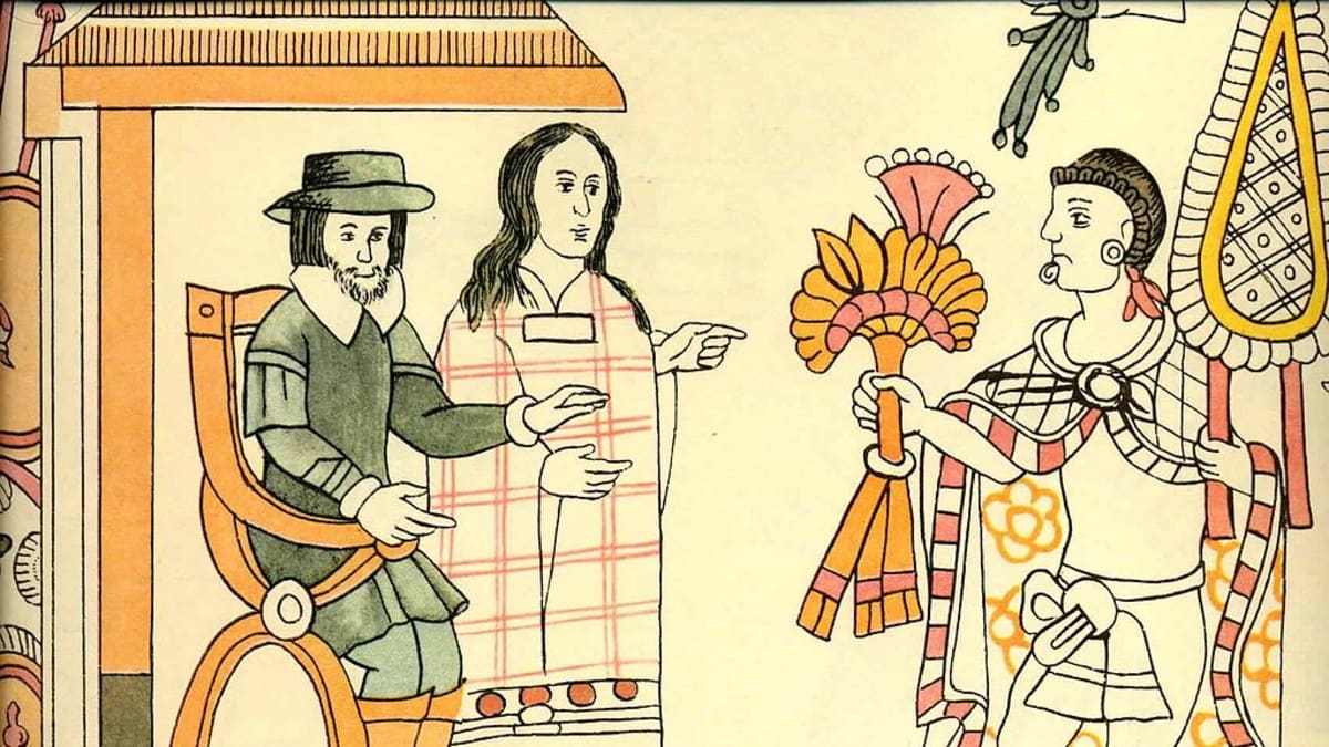 Další ztvárnění Malinche po Cortésově boku. Jsou zobrazeni stejně velcí, což dokazuje Malinchinu důležitost