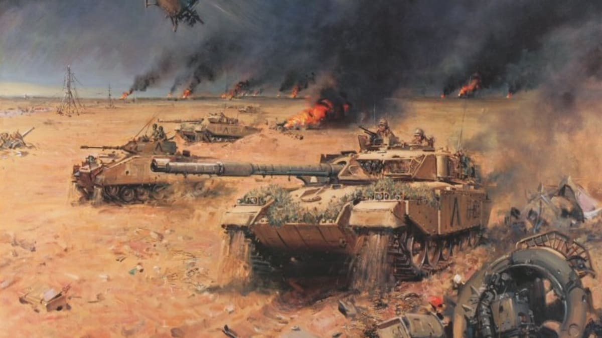 Americké tanky si prorážejí cestu pouští, v pozadí hoří kuvajstské ropné vrty