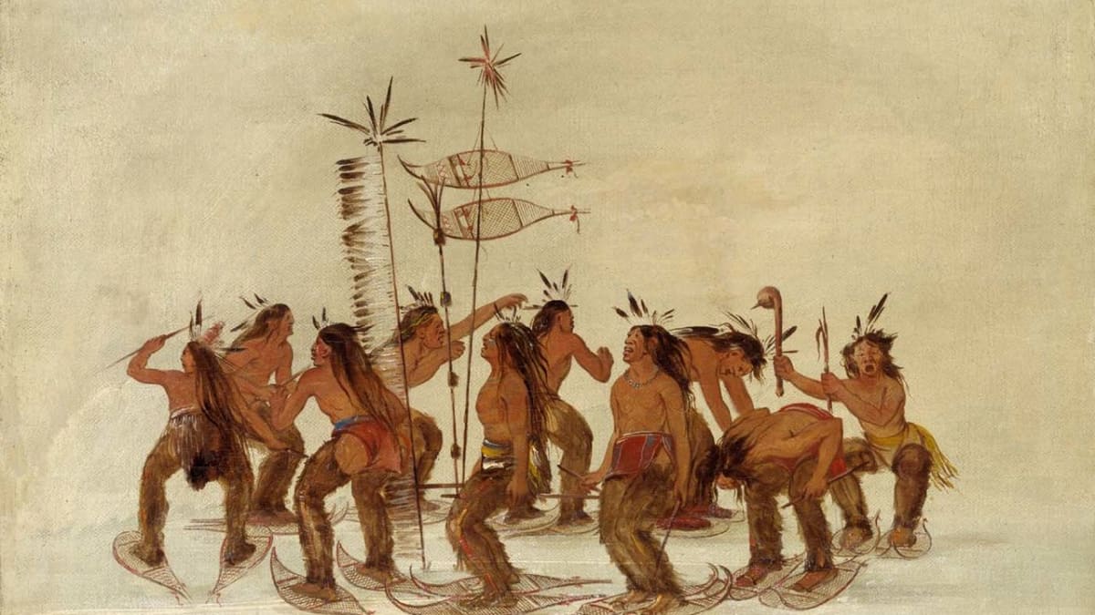 Historická kresba amerických indiánů tancujících se sněžnicemi