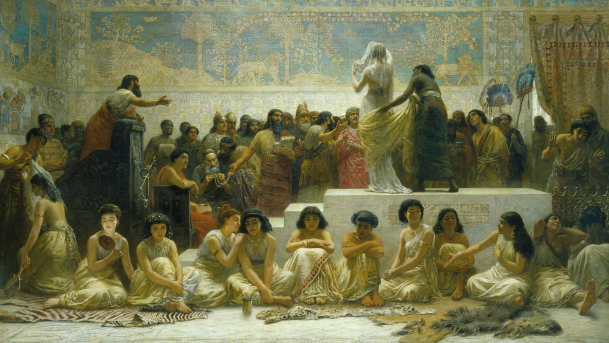Starobabylonský trh se ženami v představě Edwina Longa (19. století)