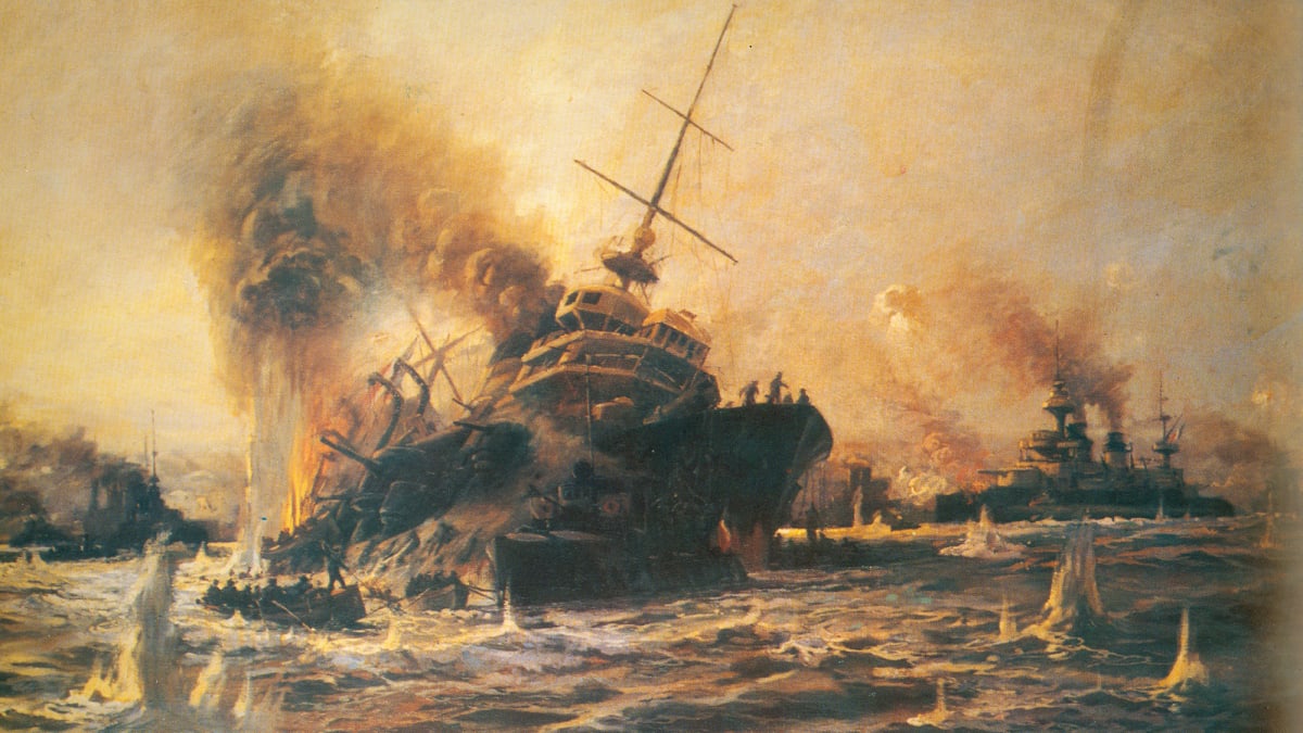 Tento obraz zachycující potopení francouzského křižníku Bouvet, visí v tureckém generálním štábu.