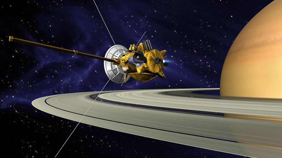 Umělcova představa sondy Cassini u Saturnu