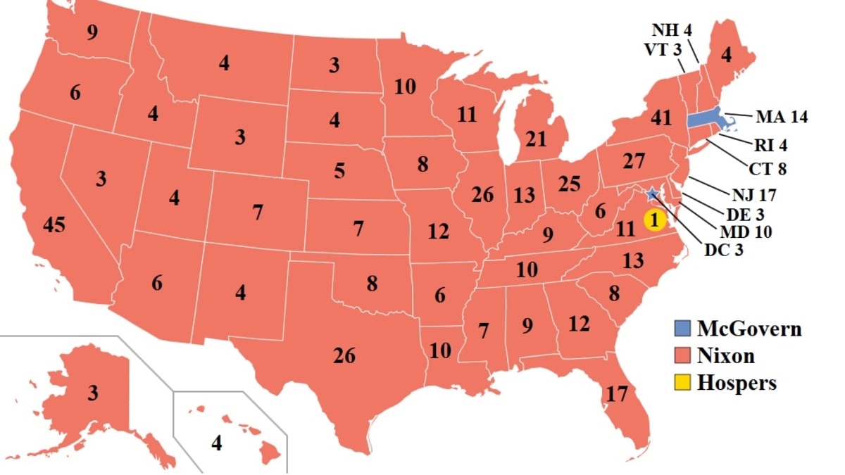 Nixon ve volbách v roce 1972 přebarvil mapu USA na republikánskou červenou