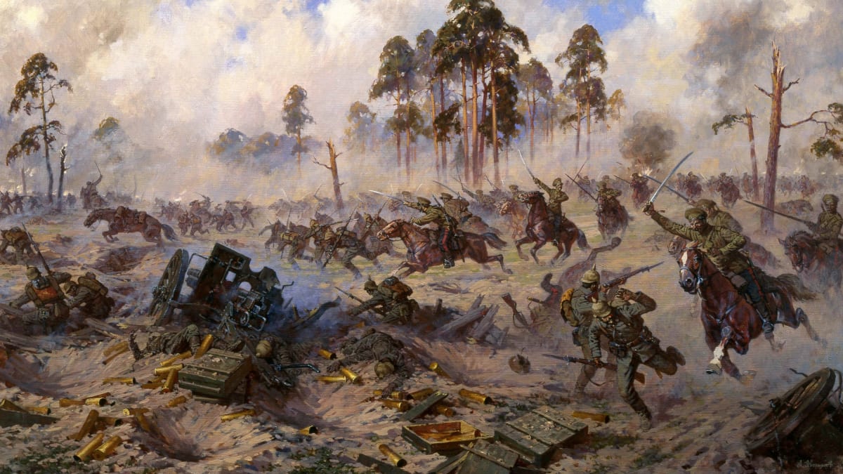 Útok kozácké jízdy ve Východním Prusku v roce 1914