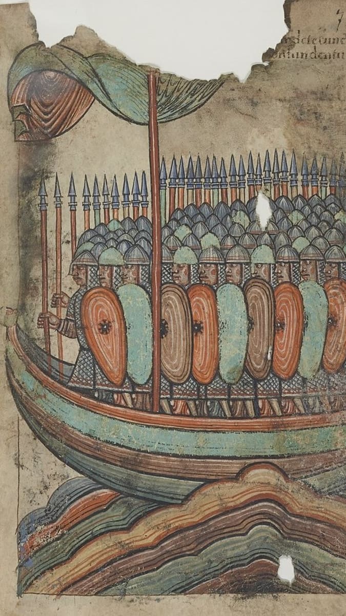 Vikinský nájezd na město Guérande, ilustrace z opatství Saint-Aubin kolem roku 1100