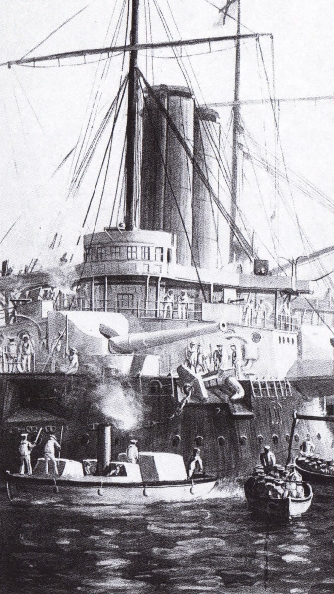 Křižník HMS St. George spouští výsadek námořní pěchoty při útoku na Zanzibar