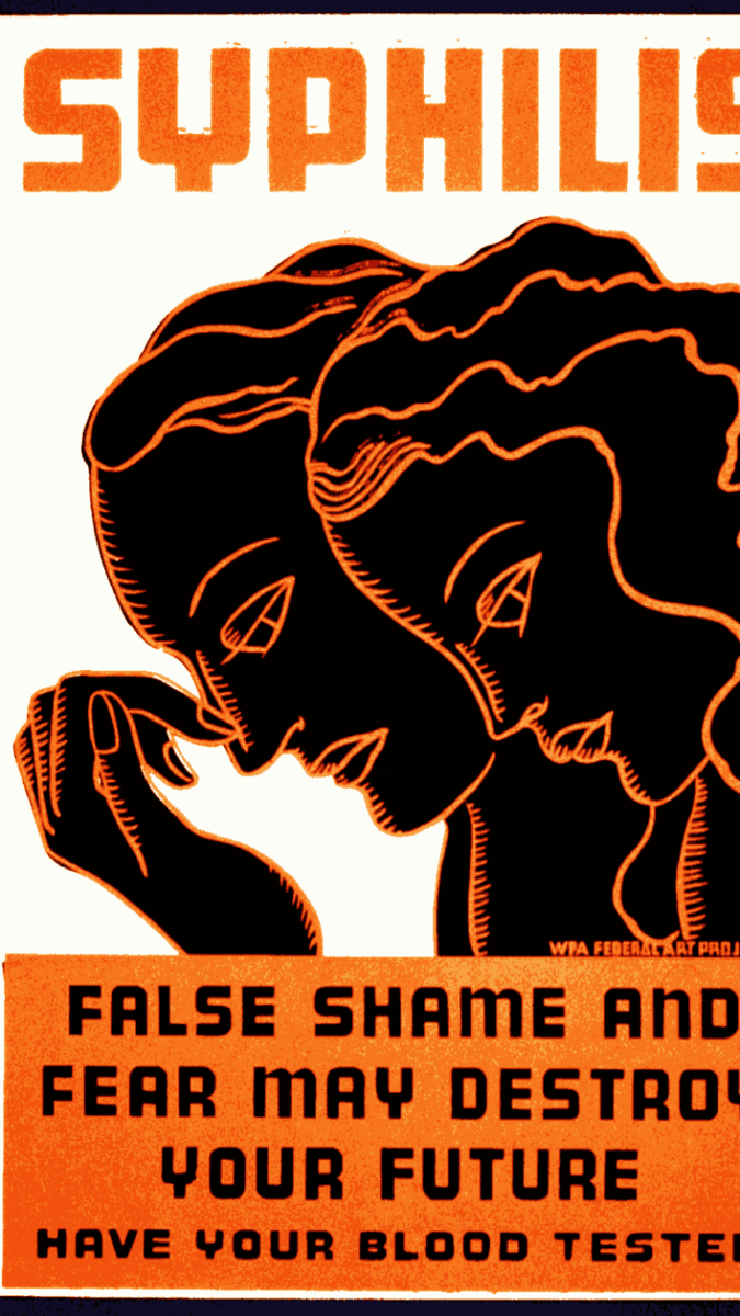 Plakát propagující testy na syfilidu s mužem a ženou, sklánějícími studem hlavu (cca 1936)