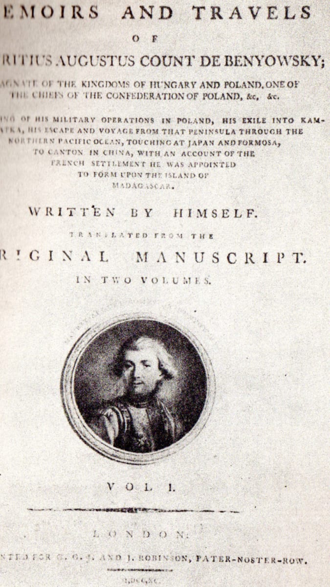 Titulní strana prvního vydání Beňovského pamětí (Londýn,1790). Od té doby vyšly v mnoha jazycích a staly se bestsellerem