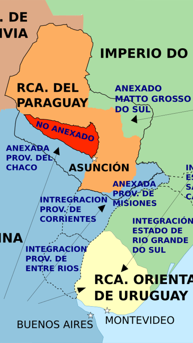 Mapa ukazuje původní hranice Paraguaye a území, která připadala Argentině a Brazílii. Červeně je oblast, která nakonec Paraguayi zůstala.