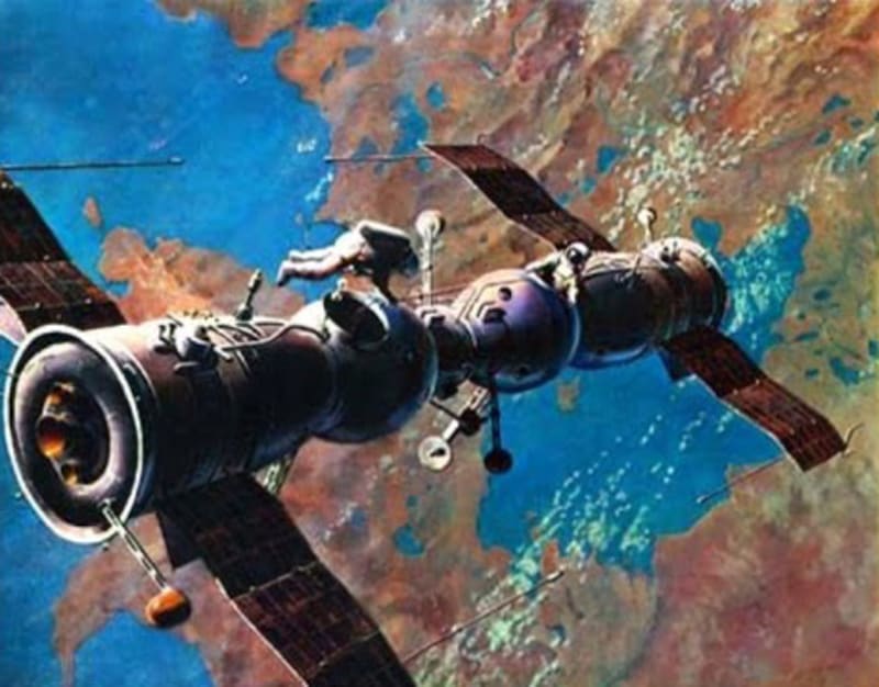 Umělecké zobrazení spojení lodí Sojuz 4 a Sojuz 5