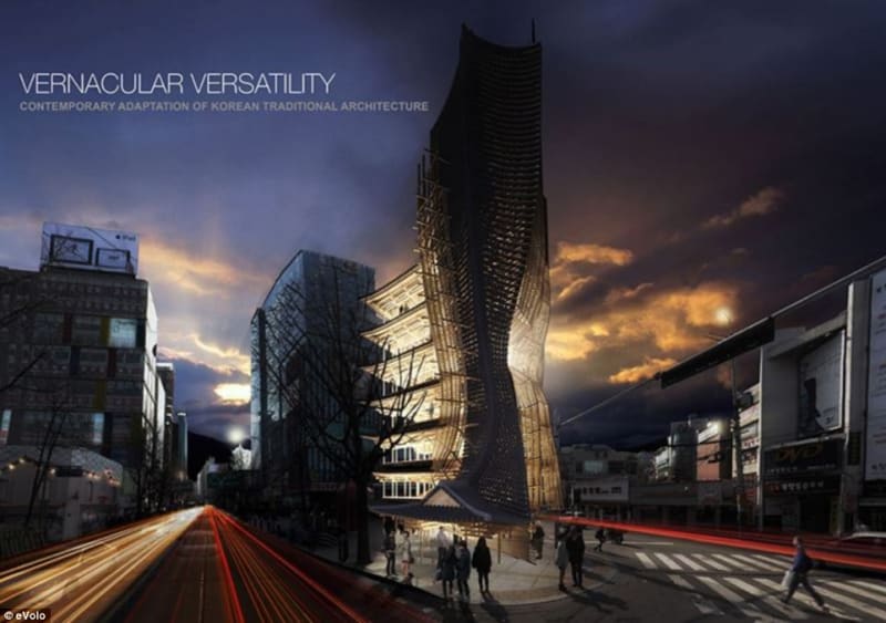 Vernacular Versatility - americký projekt se pokusil udělat mrakodrap z tradičního korejského domku nazývaného hanok. I tato velestavba by měla být, stejně jako její vzor, vyrobená pouze ze dřeva