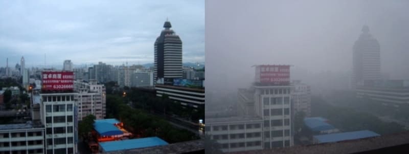 Srovnání: vlevo bez smogu, vpravo normální den