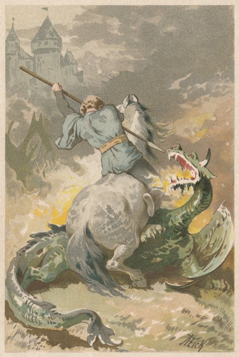 Sv. Jiří na litografii z roku 1898: Svatojiřská legenda je základem pověstí a pohádek o statečných rytířích, kteří vysvobodili princezny ze spárů draka.