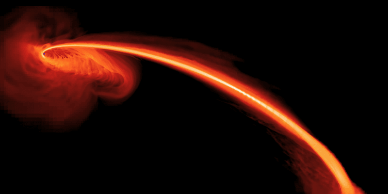 Černá díra pohlcuje hvězdu. Nejde o opravdovou fotografii, jen o simulaci...