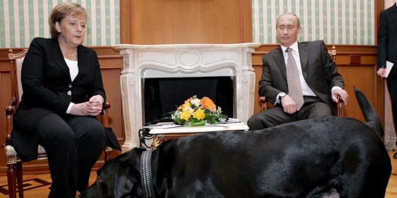 Památná scéna podle Putinova scénáře: Prezidentův pes a vyděšená německá kancléřka Angela Merkelová.