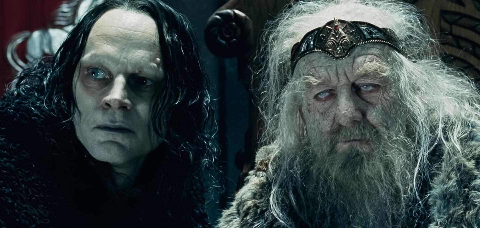 Bernard Hill (vpravo) v roli rohanského krále Théodena v trilogii Pán prstenů.