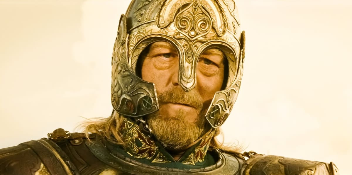 Bernard Hill v roli rohanského krále Théodena v trilogii Pán prstenů.