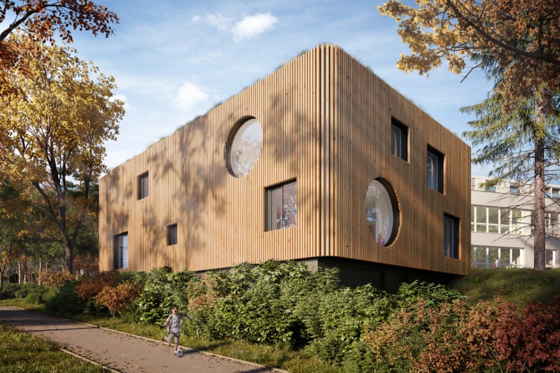 Brno, ●	Mateřská škola Ibsenka Brno, vítěz veřejného hlasování v kategorii Dřevěné budovy - návrhy