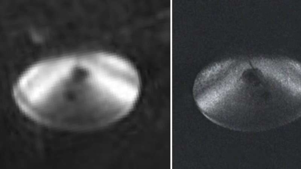 Srovnání UFO nad Lago Cote, původní snímek vlevo, HD vpravo