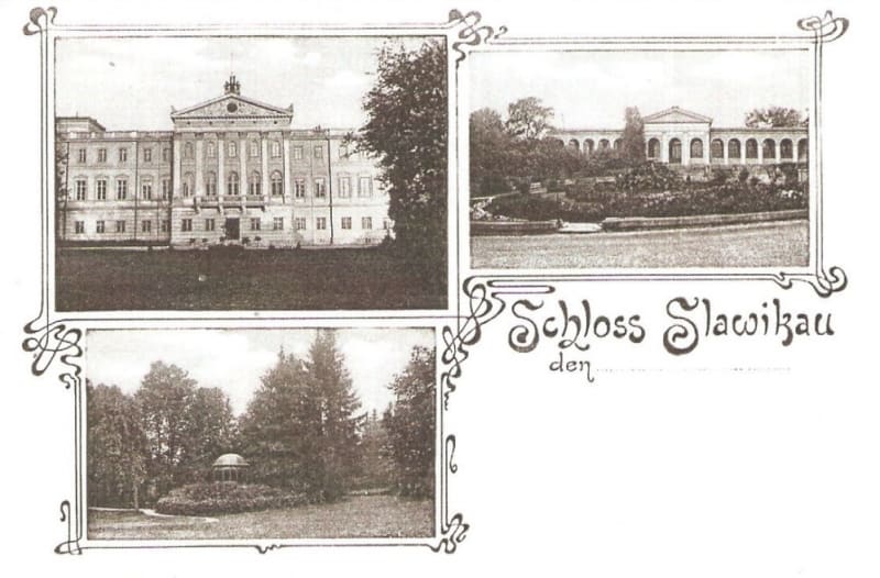 Sławików před zničením v roce 1945 na dobové pohlednici.