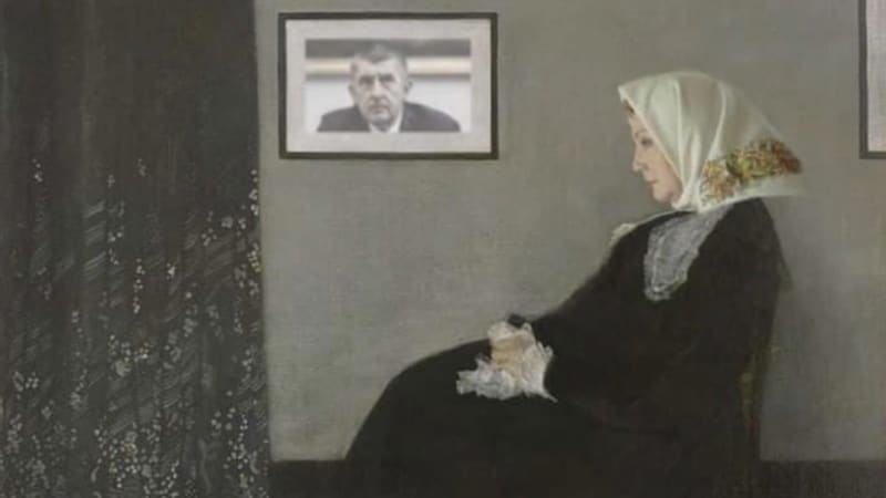 Koláž Aleny Schillerová coby slavný obraz Whistlerova matka
