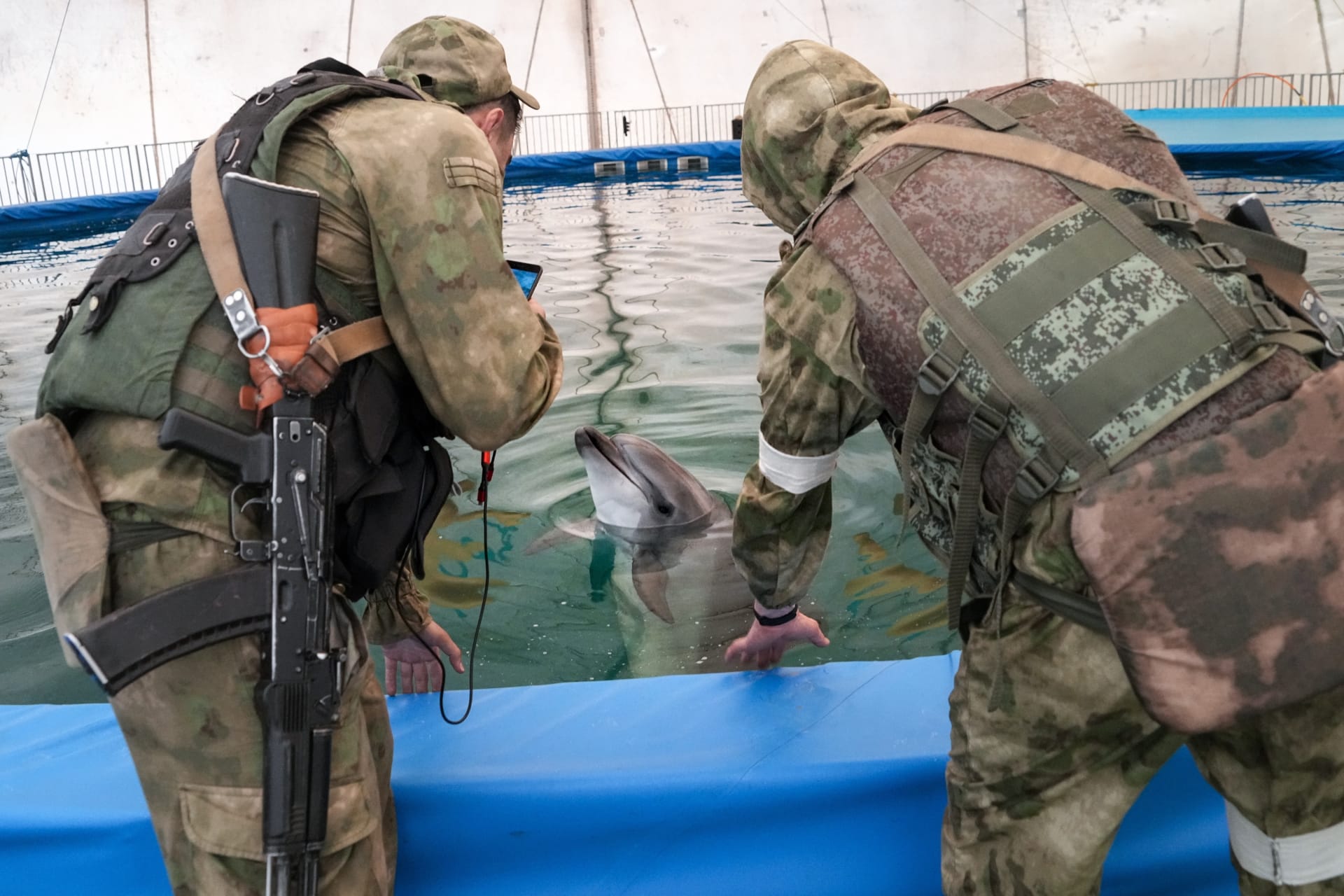 Ruští vojáci si prohlíží delfína v akváriu ve městě Skadovsk v Chersonské oblasti.
