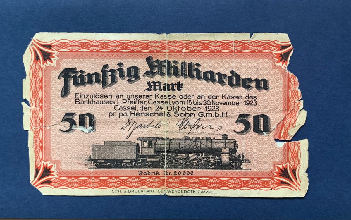 50 miliard německých marek. Bankovka z podzimu roku 1923, kdy v Německu vrcholia hyperinflace.