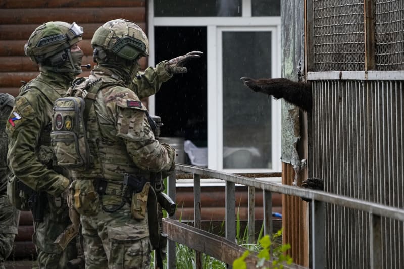 Ruští vojáci si hrají s medvědem v mariupolské zoo.